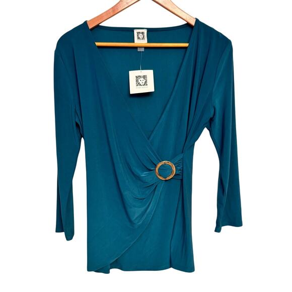 NWT Anne Klein Botanical Green Wrap Top Size Small Gold Ring Classy Office - Picture 1 of 12